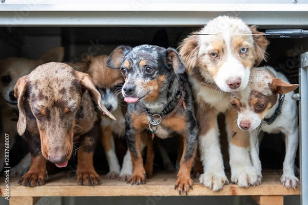 Fototapeta Group of Puppies in Crate