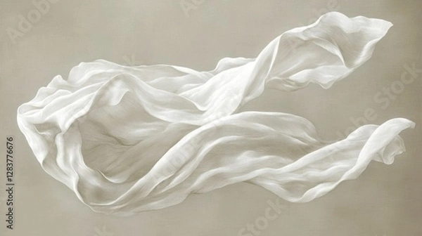 Fototapeta A delicate white fabric floats gracefully against a soft, neutral background, showcasing its elegant movement and texture. Generative AI