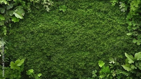 Fototapeta Bright green moss texture covers the ground surrounded by various shades of lush foliage. This natural backdrop offers ample copy space for design and creative uses in projects
