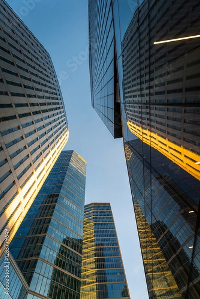 Fototapeta Skyscrapers in Warsaw. Office buildings in the business part of the city. Glass and steel structures. Center of Warsaw	
