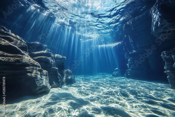 Fototapeta Underwater cave with sun rays shining through clear blue water, serene ocean scenery, perfect for marine, travel, and nature themes