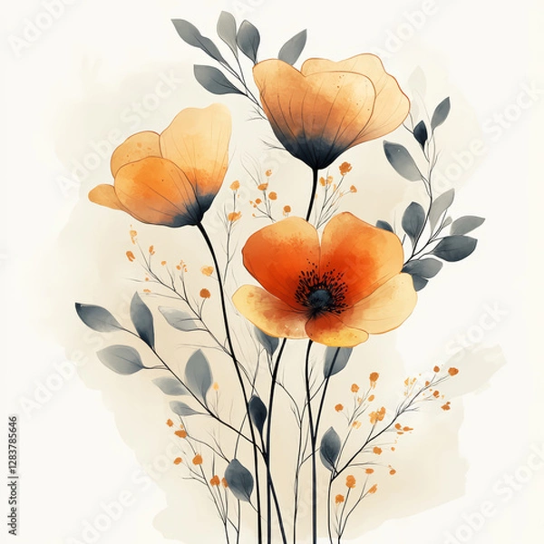Fototapeta Floral background with poppies and branches. Hand drawn illustration.