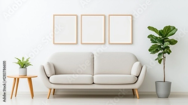 Fototapeta Modern living room with empty frames, plant, and sofa. Use for interior design inspiration