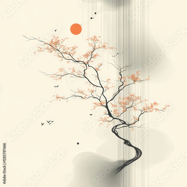 Fototapeta Abstract tree with sun and birds on a white background.