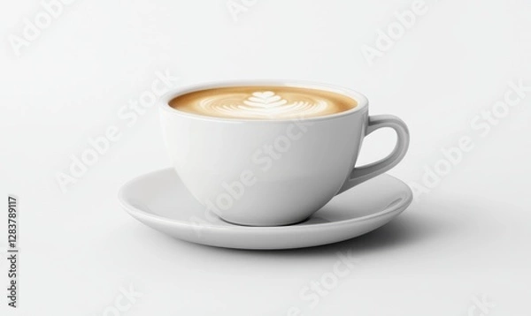 Fototapeta Steaming Cappuccino in White Cup on Saucer, Simple Background, Cafe Ad