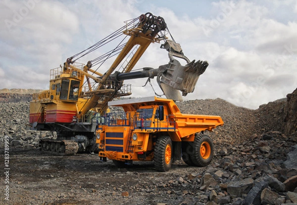 Fototapeta Digger loading dump truck with iron ore. Big yellow mining truck hauling rock in coal mine. No AI tools