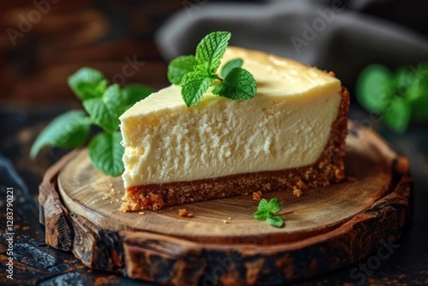 Fototapeta Delicious cheesecake with fresh mint garnish, isolated on background with copy space. Tasty cheesecake with fresh mint, isolated on background with copy space.