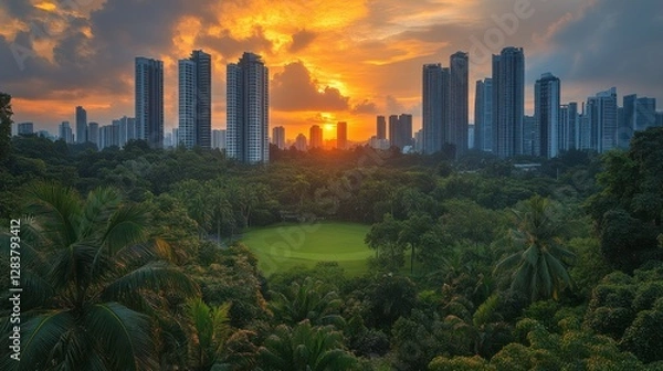 Fototapeta Sunset over city park golf course