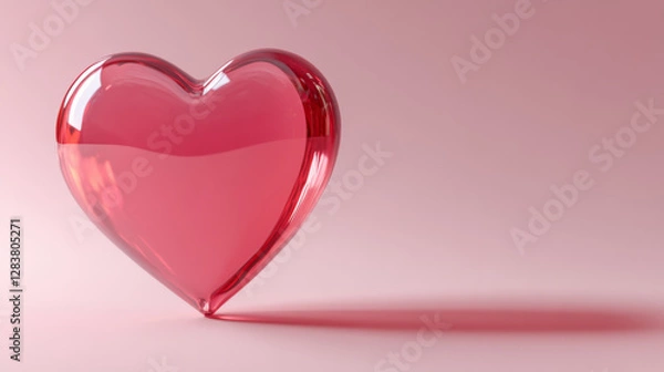 Fototapeta 3d glass heart floating in air with shadow on pink background. Realistic vector illustration of red transparent acrylic glossy romantic element for Valentine day card. Balloon shape love symbol.
