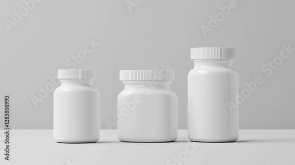 Fototapeta White plastic pill bottle mockup. Realistic 3d vector illustration set of vitamin or supplement jar template. Closed package container for medicine with cap. Pharmacy cylinder packaging canister.