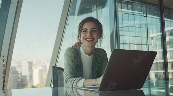 Fototapeta Jeune femme créative travaillant sur un ordinateur portable dans son studio