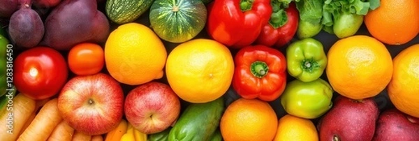 Fototapeta Freshly harvested fruits and vegetables displayed in vibrant colors at a local market during the afternoon. Generative AI