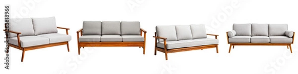 Obraz Beautifully designed minimalist and inviting Scandinavian style wooden sofas and couches arranged in a cozy harmonious living room interior with a warm elegant and serene ambiance