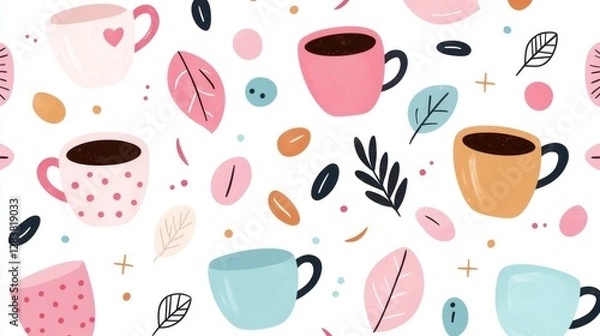 Fototapeta Colorful and Playful Pattern of Coffee Cups, Leaves, and Abstract Shapes Ideal for Creative Digital Designs and Backgrounds