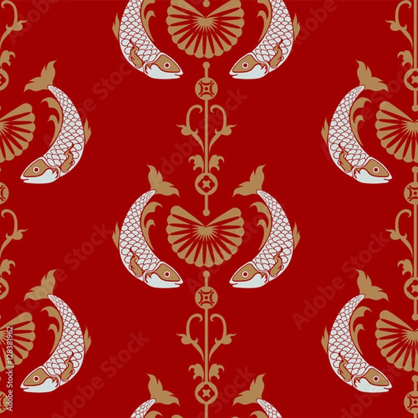 Obraz Japanese or Chinese fan and fish seamless pattern.