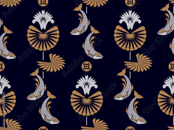 Obraz Japanese or Chinese fan and flower and fish seamless pattern.