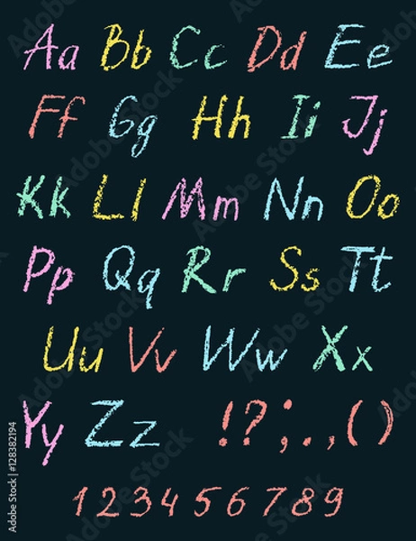 Fototapeta Pastel chalk child's drawing alphabet on black board. Crayon hand drawn font. ABC drawing letters. Kids drawing colorful alphabet. Vector.