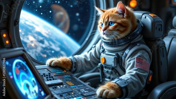 Fototapeta A cat dressed as an astronaut piloting a spacecraft.