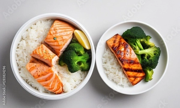 Fototapeta Fresh Salmon Fillet with Broccoli and Rice Served in Bowls