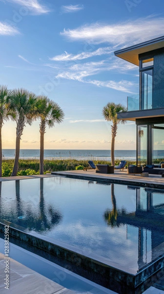 Fototapeta luxurious pool reflects sky and palm trees, showcasing modern home by beach. serene setting invites relaxation and enjoyment of coastal view