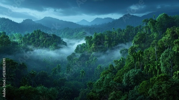 Fototapeta Lush Green Tropical Forest Landscape Under Dramatic Cloudy Sky with Misty Valley and Mountain Range in the Background
