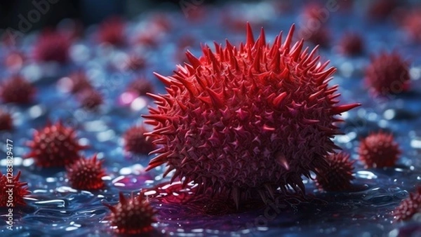 Fototapeta **"Scientific Research Analysis Concept Banner: Blue-Toned Magnified View of Red COVID Virus"**