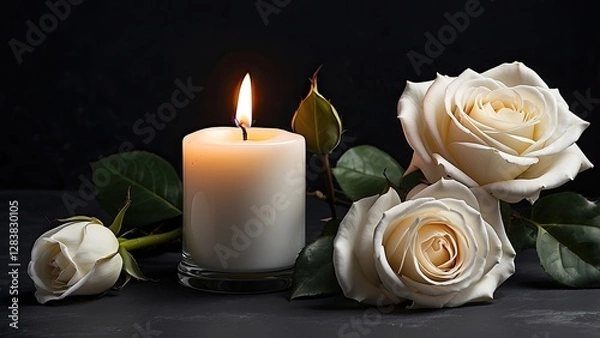Fototapeta "White Candle with Roses and Flower Petals: Funeral Memorial, Sympathy, and Condolence Card for Death Notice"