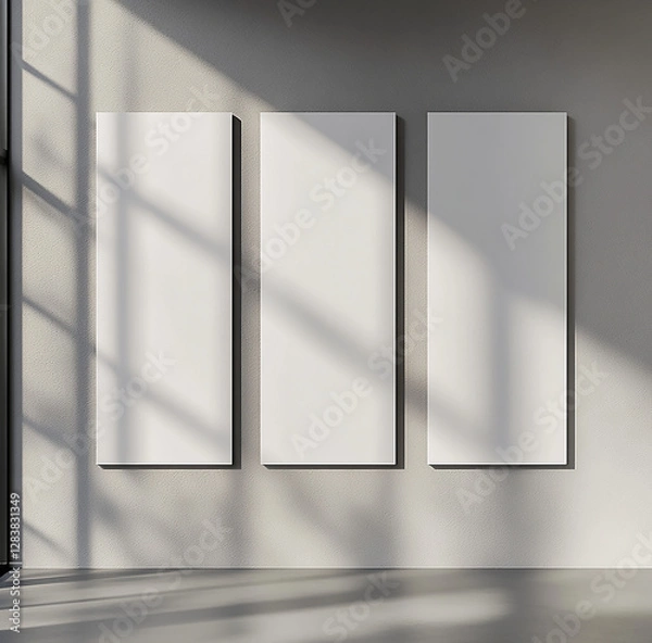 Fototapeta Mockup of three long blank canvases on minimalist wall