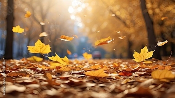 Fototapeta "Autumn in Nature: Vibrant Yellow and Orange Leaves Falling on Transparent Background, PNG File, Fall Season, Autumnal Overlay"