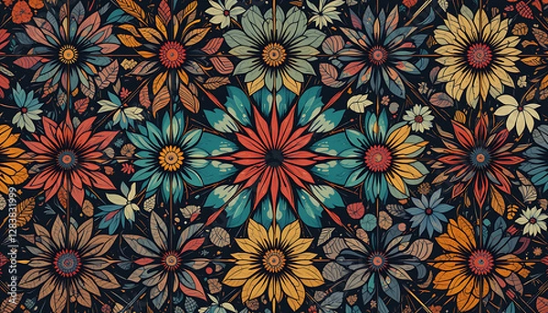 Fototapeta Elaborate Floral Tapestry On Solid Black Background