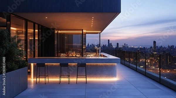 Fototapeta A modern outdoor bar set with sleek metal stools and a built-in ice bucket, placed on a rooftop patio with panoramic city skyline views, soft evening lighting, luxurious and functional design,