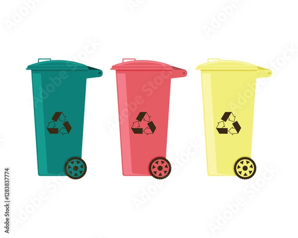 Fototapeta Trash can. Plastic garbage collection tank. A red, yellow and green trash can. A garbage recycling bin. Vector illustration isolated on a white background