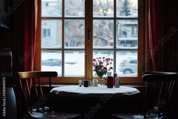 Fototapeta Elegant Four-Person Table in Front of the Window at a Restaurant A Beautiful Dining Spot
