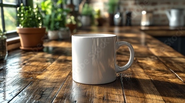 Fototapeta White mug on rustic wooden table with plants in background.