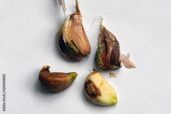 Fototapeta a group of garlic cloves with brown sores and rot spots on a blurred background. Selective focus. Damaged, spoiled garlic, unsuitable for eating and planting