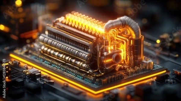 Fototapeta Computer processor with glowing yellow light and 3d networking isometric details in studio setting