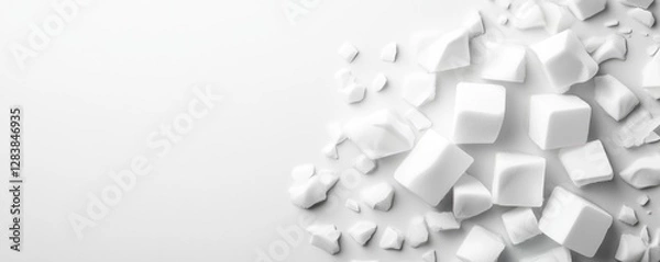 Fototapeta Ice cubes scattered on a white surface creating a refreshing and cool atmosphere for summer drinks and desserts, perfect for a cooling concept