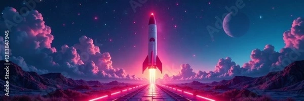 Fototapeta Modern rocket launchpad with futuristic architecture and neon lights , technology, innovation