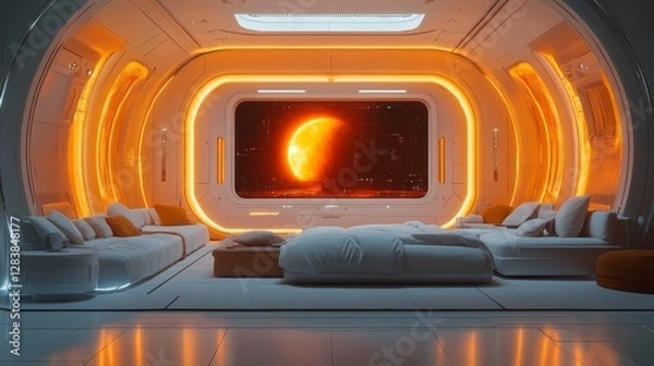 Fototapeta Futuristic spaceship lounge with large screen displaying a red planet.