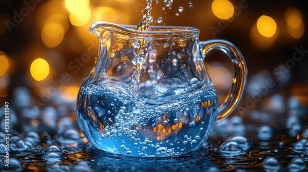 Fototapeta Water pouring into glass pitcher, bokeh background