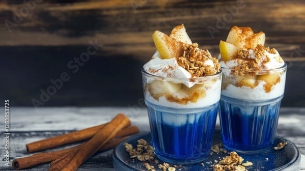Fototapeta Layered Pear Yogurt Parfait with Granola - A Healthy and Delicious Breakfast Idea