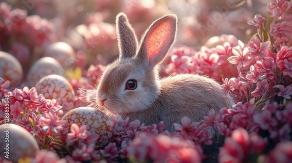 Fototapeta Bunny sitting in a colorful field of flowers with easter eggs in a playful spring scene