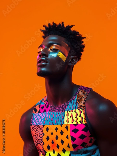 Obraz Man in colorful t-shirt with vibrant tropical print, on a colorful background. Photography for advertising Carnival and summer in Brazil: fashion, culture and lifestyle in an explosion of colors