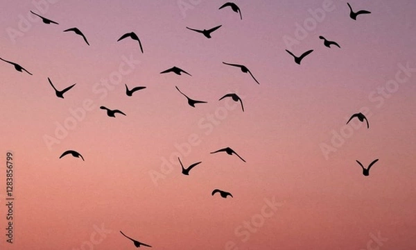 Obraz silhouette of birds flying at sunset