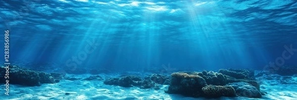 Fototapeta Underwater landscape showcasing vibrant marine life and sun rays illuminating the ocean floor in a serene environment. Generative AI