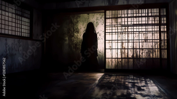 Obraz 女性のシルエットが浮かび上がる、日本家屋の室内