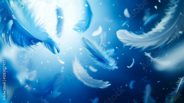 Obraz 青い背景へ白と青の鳥の羽が舞う背景素材