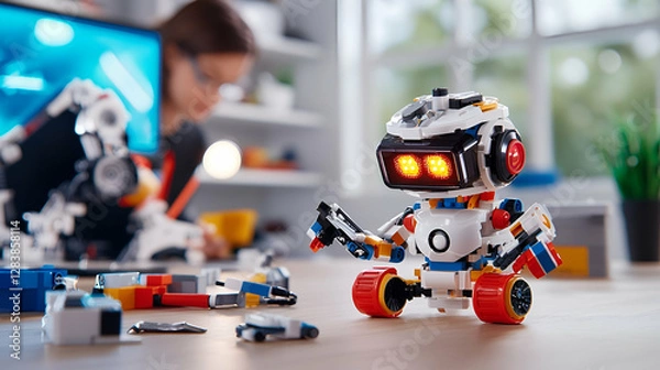 Fototapeta Child Building a Colorful Robot in a Futuristic Workshop