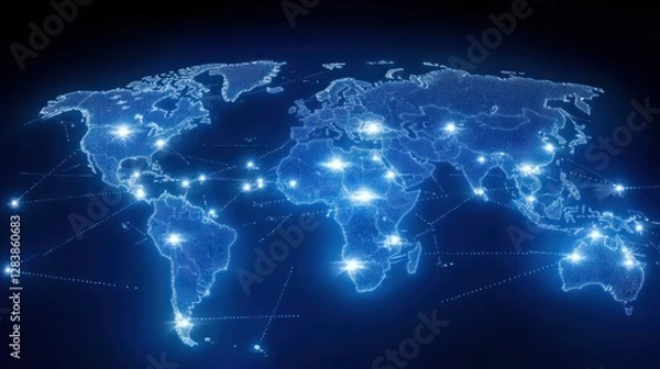 Fototapeta Glowing world map illustrating global network connections.