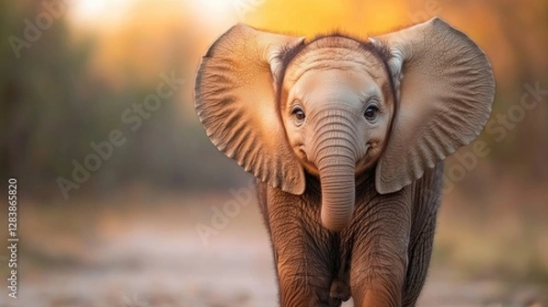 Fototapeta Baby Elephant Facing Forward in Forest at Sunset